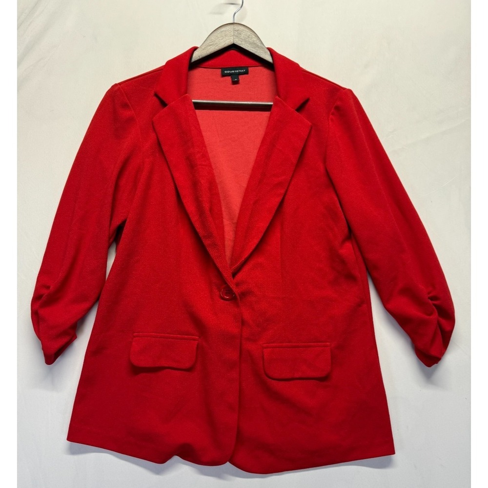 Courtenay Blazer Jacket Womens Medium Red Notch Lapel Ruched 3/4 Sleeve Business